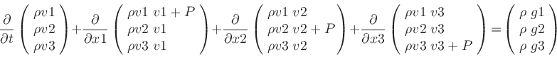 \begin{displaymath}
\papa {}{t}
\left( \!
\begin{array}{c}
\rhov {1} \\
\r...
...\
\rho \; \g {2} \\
\rho \; \g {3}
\end{array} \! \right)
\end{displaymath}