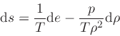 \begin{displaymath}
\dd {s} = \frac{1}{T} \dd {e} - \frac{p}{T \rho^2} \dd {\rho}
\end{displaymath}