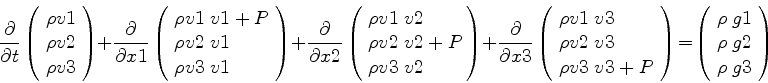 \begin{displaymath}
\frac{\partial }{\partial t}
\left( \!
\begin{array}{c}
...
...\rho \; g{\rm 2} \\
\rho \; g{\rm 3}
\end{array} \! \right)
\end{displaymath}