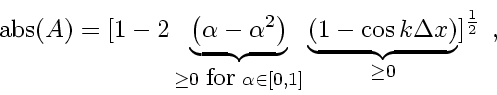 \begin{displaymath}
\mbox{abs} \! \left( A \right)
=
[ 1
-
2
\underbrace{\...
...- \cos k \Delta x\right)}_{\ge 0}
]^{\frac{1}{2}}
\enspace ,
\end{displaymath}