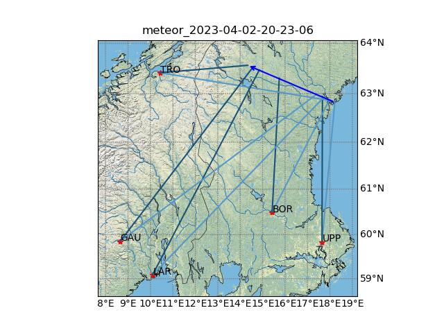 Karta med uppskattat meteorspår