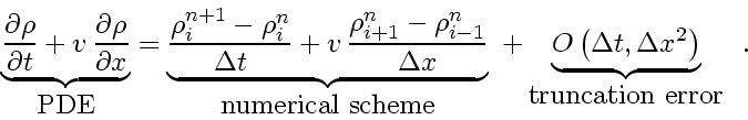 \begin{displaymath}
\underbrace{ \frac{\partial \rho}{\partial t} + v_{}   \fr...
...a t, \Delta x^2 \right)}_{\mbox{truncation error}}
\enspace .
\end{displaymath}
