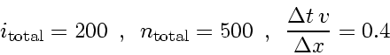 \begin{displaymath}
i_\mathrm{total}=200 \enspace , \enspace
n_\mathrm{total}=500 \enspace , \enspace
\frac{\Delta t  v_{}}{\Delta x} = 0.4
\end{displaymath}