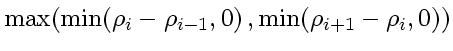 $\displaystyle \max \! \left( \min \! \left( \rho_{i} - \rho_{i-1}, 0 \right),
\min \! \left( \rho_{i+1} - \rho_{i} , 0 \right)
\right)$