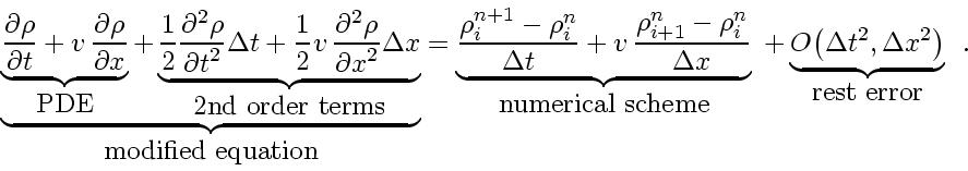 \begin{displaymath}
\underbrace{
\underbrace{ \frac{\partial \rho}{\partial t}...
...Delta t^2, \Delta x^2 \right)}_{\mbox{rest error}}
\enspace .
\end{displaymath}