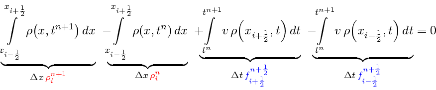 \begin{displaymath}
\underbrace{
\int\limits_{x_{i-\frac{1}{2}}}^{x_{i+\frac{1...
...  {\color{BLUEcolor}f_{i-\frac{1}{2}}^{n+\frac{1}{2}}}}
=
0
\end{displaymath}