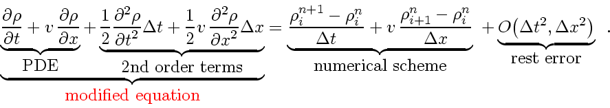 \begin{displaymath}
\underbrace{
\underbrace{ \frac{\partial \rho}{\partial t}...
...Delta t^2, \Delta x^2 \right)}_{\mbox{rest error}}
\enspace .
\end{displaymath}