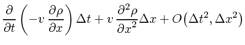 $\displaystyle \frac{\partial }{\partial t} \left( - v_{}   \frac{\partial \rho...
...l^2 \rho}{{\partial x}^2} \Delta x
+
O \! \left( \Delta t^2, \Delta x^2 \right)$