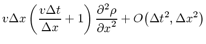 $\displaystyle v_{} \Delta x
\left( \frac{v_{} \Delta t}{\Delta x} + 1 \right)
\frac{\partial^2 \rho}{{\partial x}^2}
+
O \! \left( \Delta t^2, \Delta x^2 \right)$