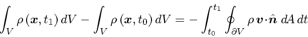 \begin{displaymath}
\int_{V} \rho \left( \ensuremath{\mathchoice{\mbox{\boldmat...
... n$}}
{\mbox{\boldmath$\scriptscriptstyle n$}}}} \; d\!A   dt
\end{displaymath}