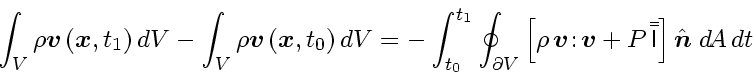 \begin{displaymath}
\int_{V} \rho\ensuremath{\mathchoice{\mbox{\boldmath$\displ...
... n$}}
{\mbox{\boldmath$\scriptscriptstyle n$}}}} \; d\!A   dt
\end{displaymath}